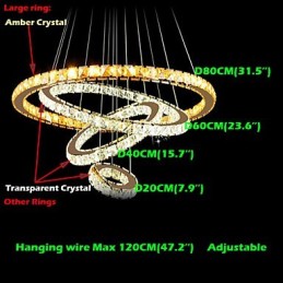 ペンダントランプ 天井照明 シャンデリア照明 丸型 4リング 大型リング アンバークリスタルとその他のクリアクリスタル