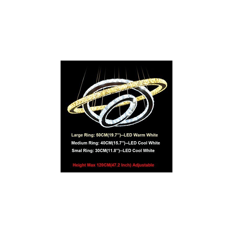 調光可能な円形ペンダントシャンデリア照明器具、K9クリスタル付き、温白色と冷白色、リモコン付き