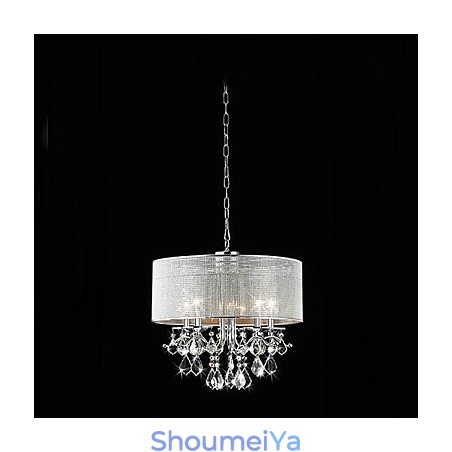 モダンな5灯クリスタルペンダントライト、ファブリックシェード付き