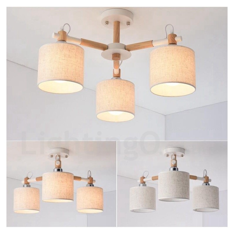 モダンコンテンポラリー3ライトシングルティアウッドシャンデリア、ドラムファブリックシェード付き