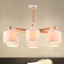 モダンコンテンポラリー 6 ライト シングル ティア ウッド シャンデリア ドラム ファブリック付き (ブラック ホワイト)