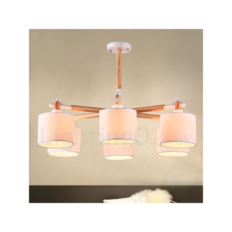 モダンコンテンポラリー 6 ライト シングル ティア ウッド シャンデリア ドラム ファブリック付き (ブラック ホワイト)