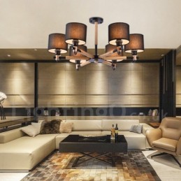 モダンコンテンポラリー 6 ライト シングル ティア ウッド シャンデリア ドラム ファブリック付き (ブラック ホワイト)