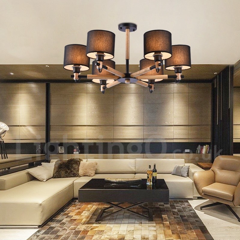 モダンコンテンポラリー 6 ライト シングル ティア ウッド シャンデリア ドラム ファブリック付き (ブラック ホワイト)