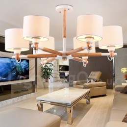 モダンコンテンポラリー 6 ライト シングル ティア ウッド シャンデリア ドラム ファブリック付き (ブラック ホワイト)