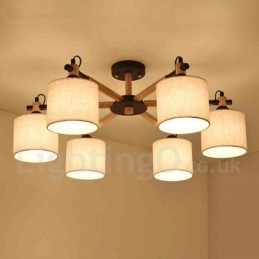 モダンコンテンポラリー 6 ライト シングル ティア ウッド シャンデリア ドラム ファブリック付き (ブラック ホワイト)