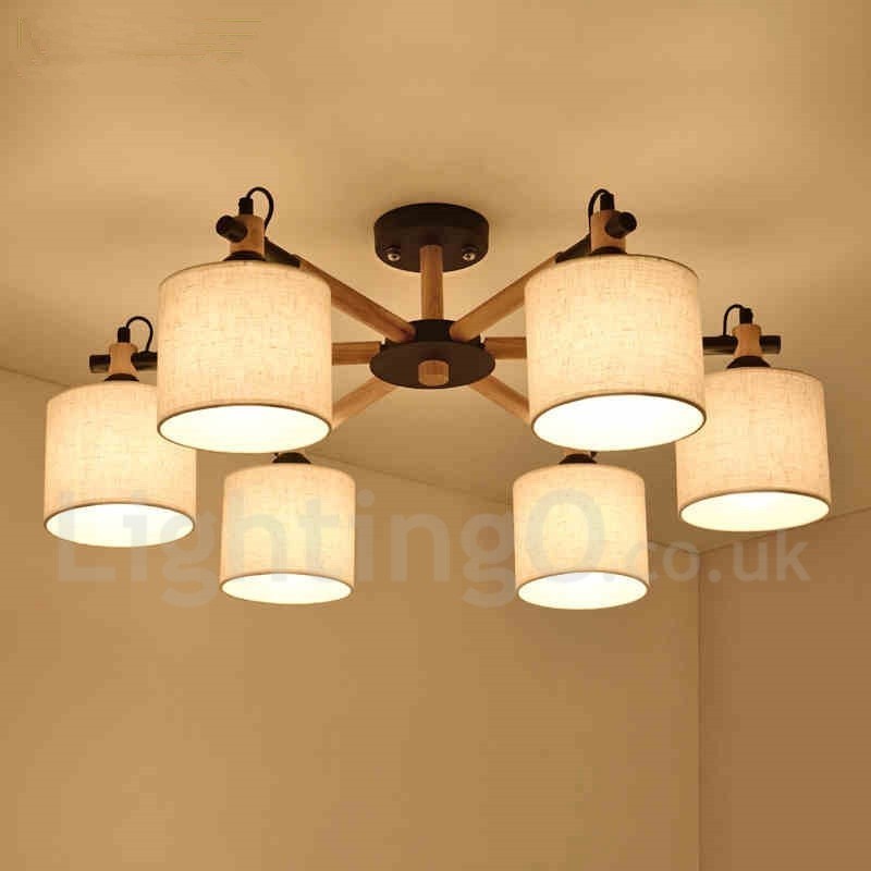 モダンコンテンポラリー 6 ライト シングル ティア ウッド シャンデリア ドラム ファブリック付き (ブラック ホワイト)