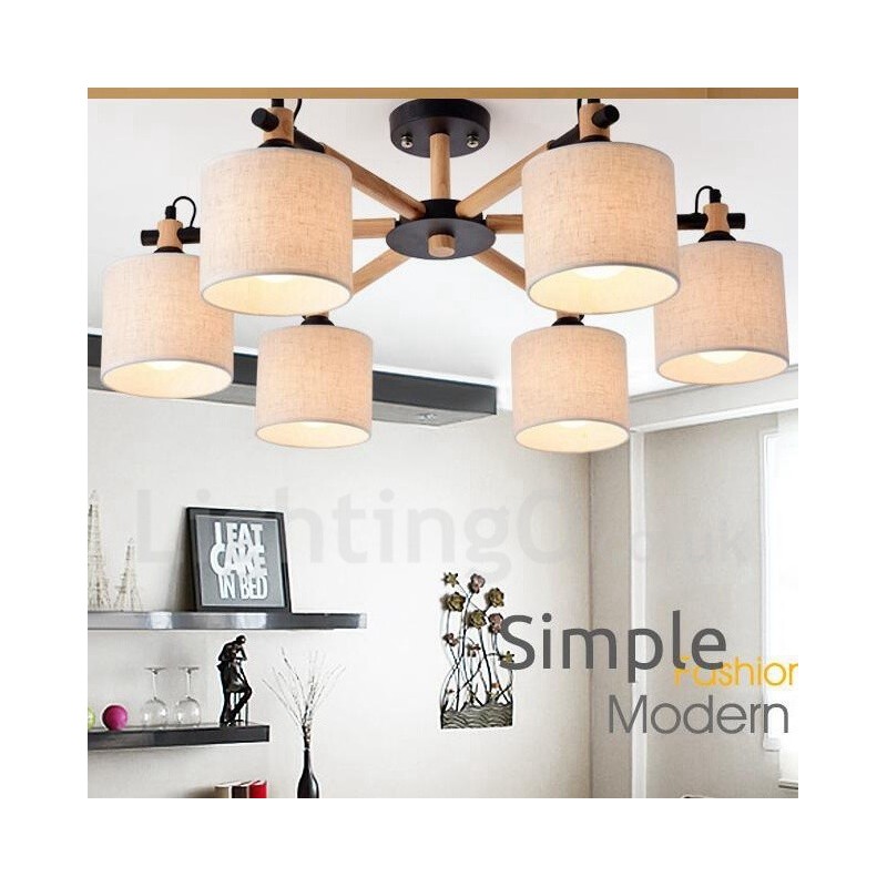 モダンコンテンポラリー 6 ライト シングル ティア ウッド シャンデリア ドラム ファブリック付き (ブラック ホワイト)