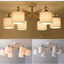 モダンコンテンポラリー 6 ライト シングル ティア ウッド シャンデリア ドラム ファブリック付き (ブラック ホワイト)