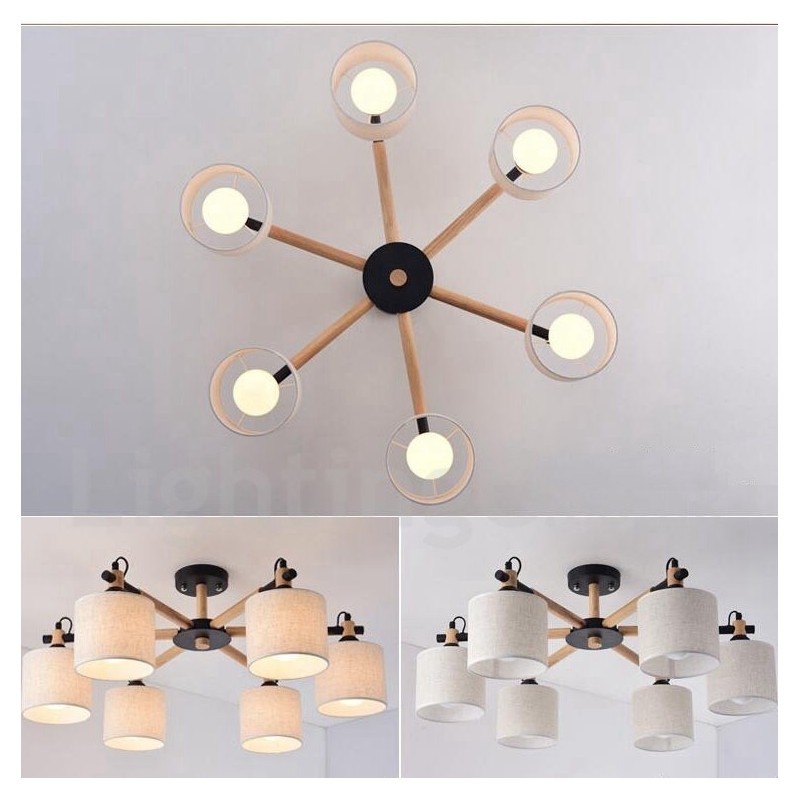 モダンコンテンポラリー 6 ライト シングル ティア ウッド シャンデリア ドラム ファブリック付き (ブラック ホワイト)