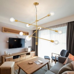 ガラスシェードランプ付き6灯銅シャンデリア