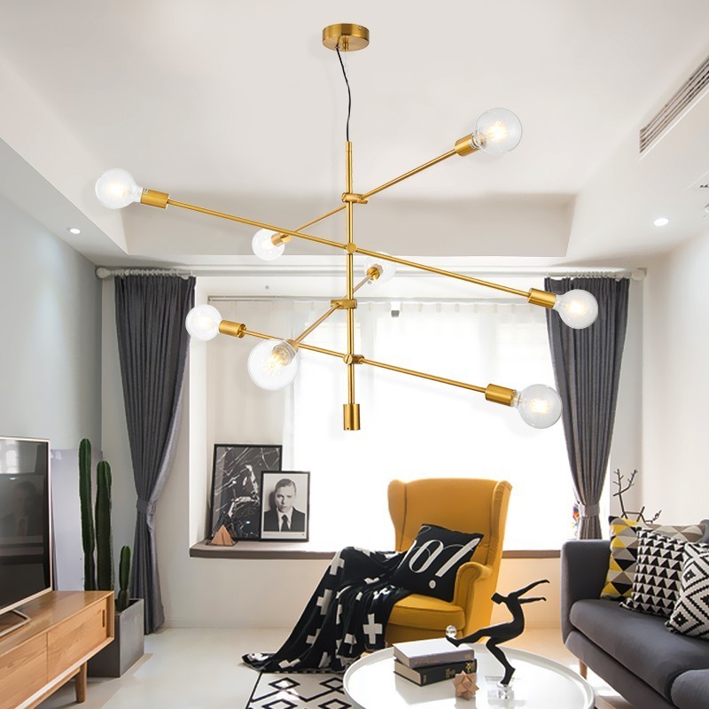 ガラスシェードランプ付き6灯銅シャンデリア