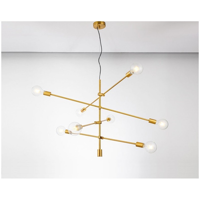 ガラスシェードランプ付き6灯銅シャンデリア