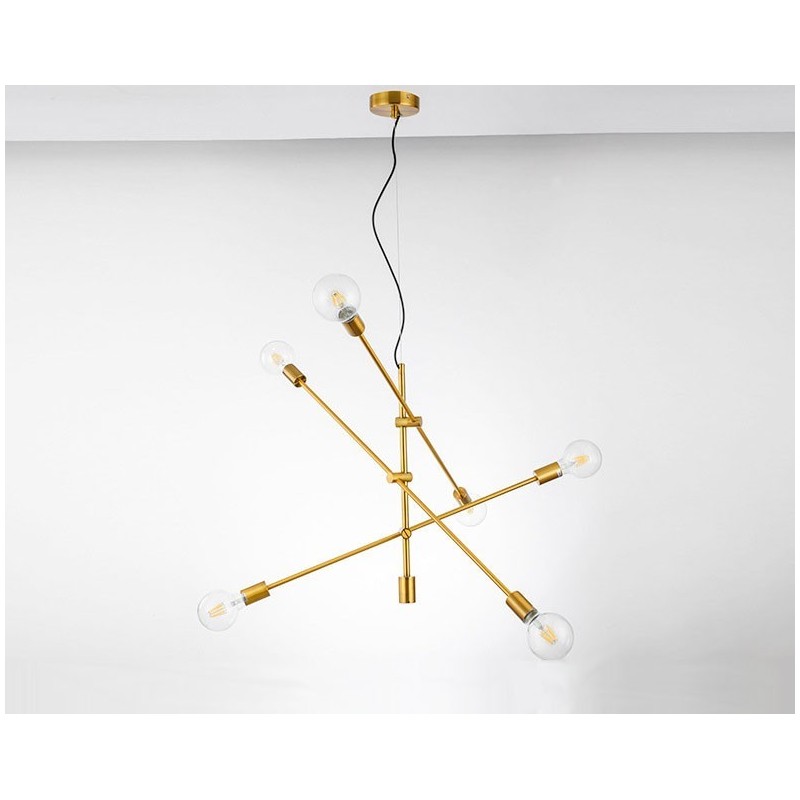 ガラスシェードランプ付き6灯銅シャンデリア