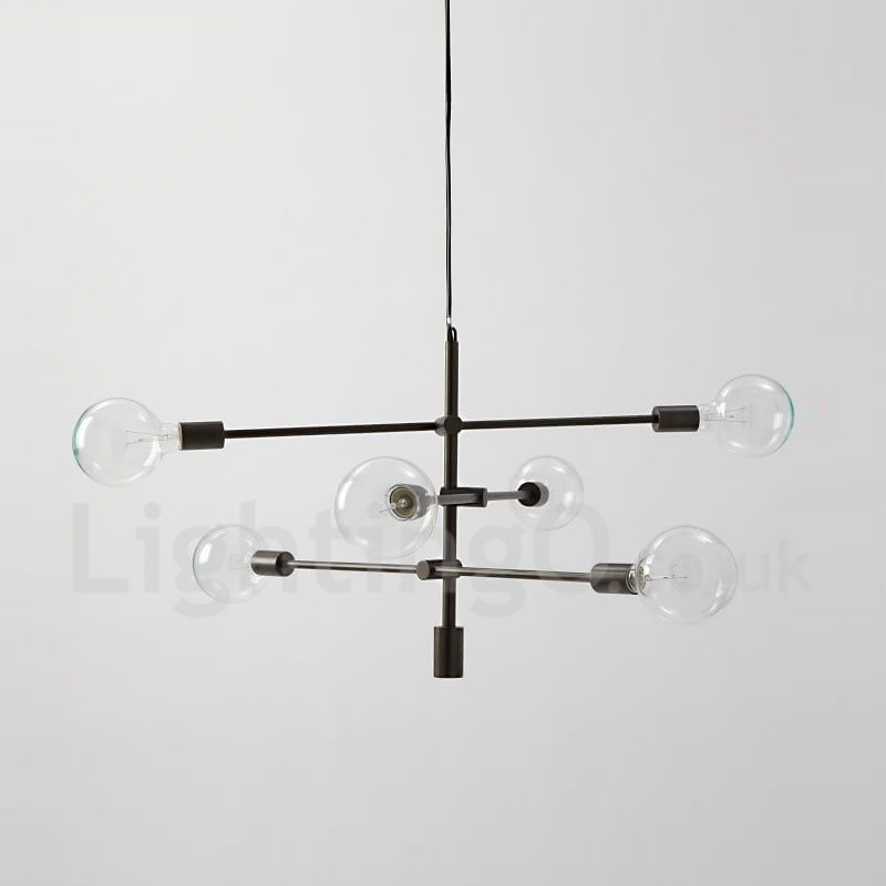 ガラスシェードランプ付き6灯銅シャンデリア