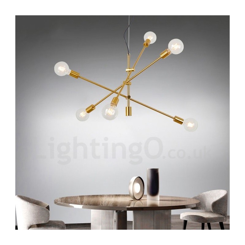 ガラスシェードランプ付き6灯銅シャンデリア