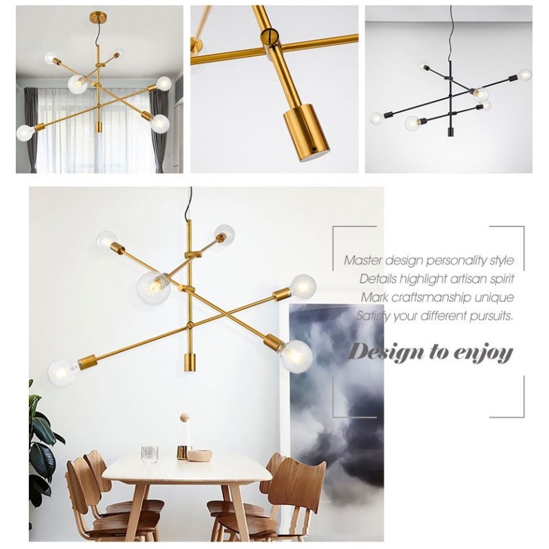 ガラスシェードランプ付き6灯銅シャンデリア