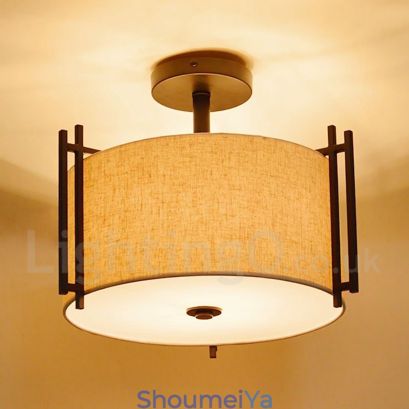 素朴なロッジメタルドラムペンダントライト、ファブリックシェード付き