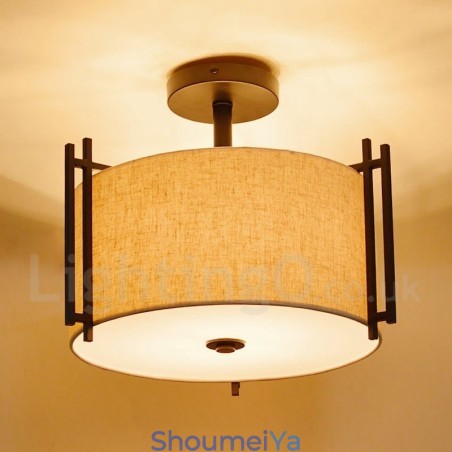 素朴なロッジメタルドラムペンダントライト、ファブリックシェード付き