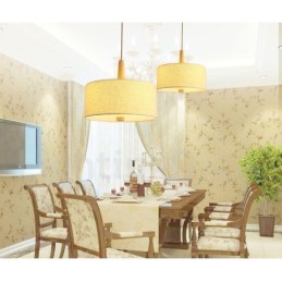 木製モダンコンテンポラリードラムペンダントライト、ファブリックシェード付き