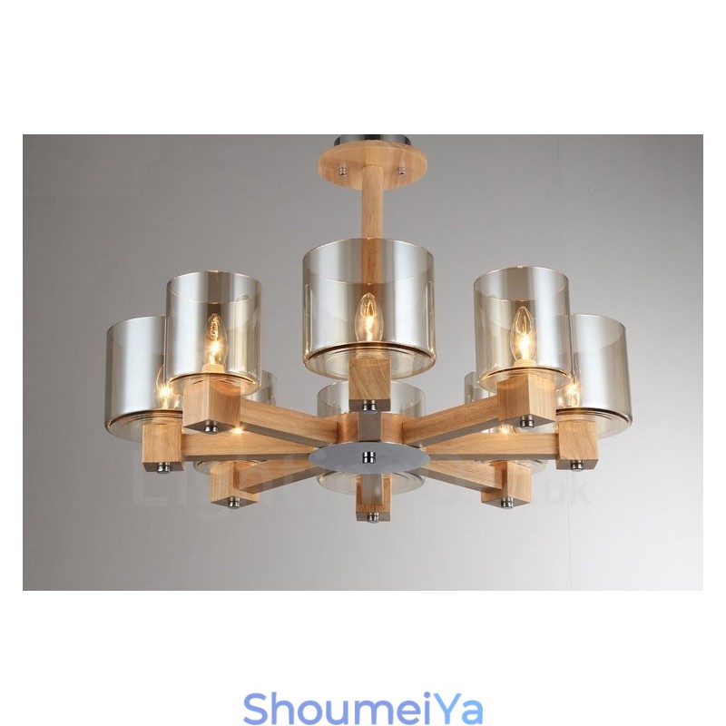 8 ライト 木製 モダン コンテンポラリー 北欧スタイル シャンデリア ガラスシェード付き