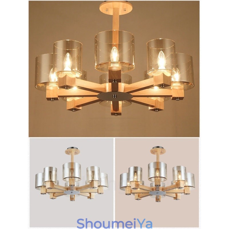 8 ライト 木製 モダン コンテンポラリー 北欧スタイル シャンデリア ガラスシェード付き