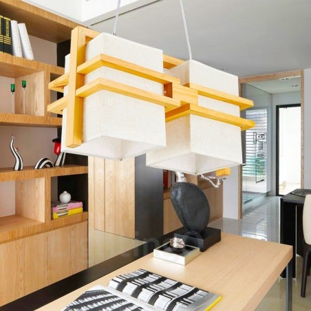 2 ライト 木製 レトロ ビンテージ ペンダント ライト ファブリック シェード付き