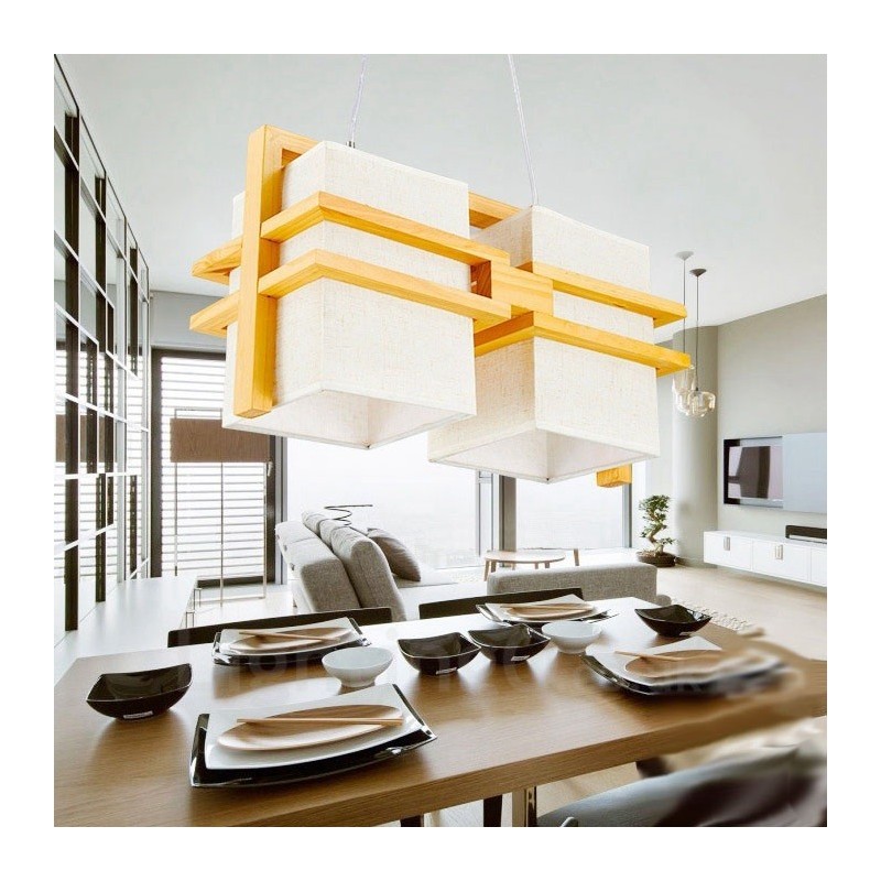 2 ライト 木製 レトロ ビンテージ ペンダント ライト ファブリック シェード付き