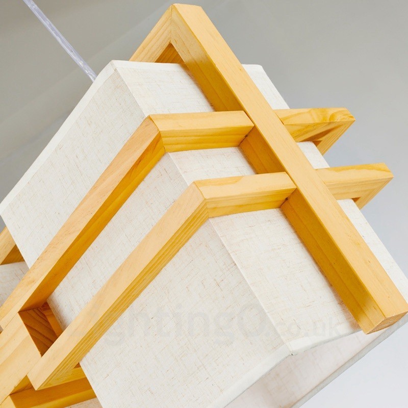 2 ライト 木製 レトロ ビンテージ ペンダント ライト ファブリック シェード付き