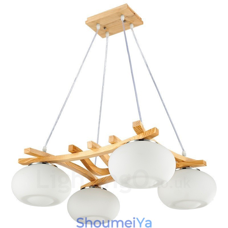 4 灯木製素朴なロッジペンダントライト、ガラスシェード付き