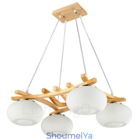 4 灯木製素朴なロッジペンダントライト、ガラスシェード付き