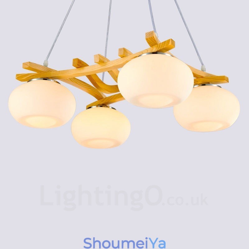 4 灯木製素朴なロッジペンダントライト、ガラスシェード付き