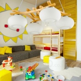 4 灯木製素朴なロッジペンダントライト、ガラスシェード付き