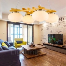 4 灯木製素朴なロッジペンダントライト、ガラスシェード付き