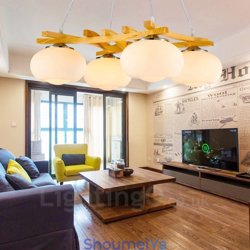 4 灯木製素朴なロッジペンダントライト、ガラスシェード付き