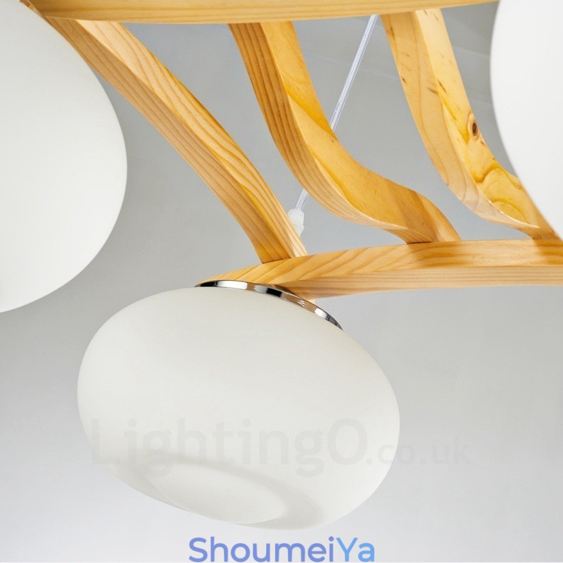 4 灯木製素朴なロッジペンダントライト、ガラスシェード付き