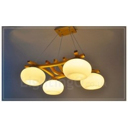 4 灯木製素朴なロッジペンダントライト、ガラスシェード付き