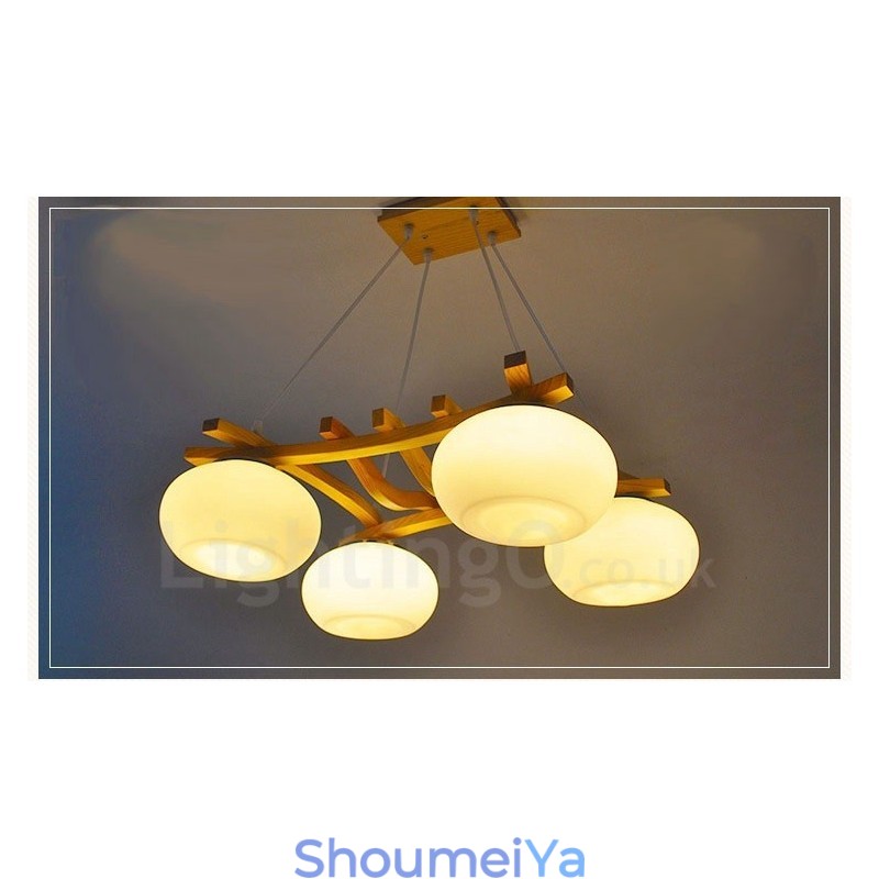 4 灯木製素朴なロッジペンダントライト、ガラスシェード付き