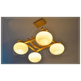 4 灯木製素朴なロッジペンダントライト、ガラスシェード付き