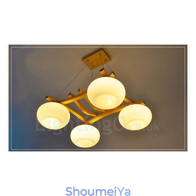 4 灯木製素朴なロッジペンダントライト、ガラスシェード付き