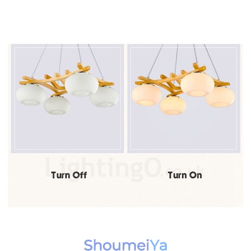 4 灯木製素朴なロッジペンダントライト、ガラスシェード付き