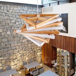 1 灯木製モダンコンテンポラリーペンダントライト、木製シェード付き