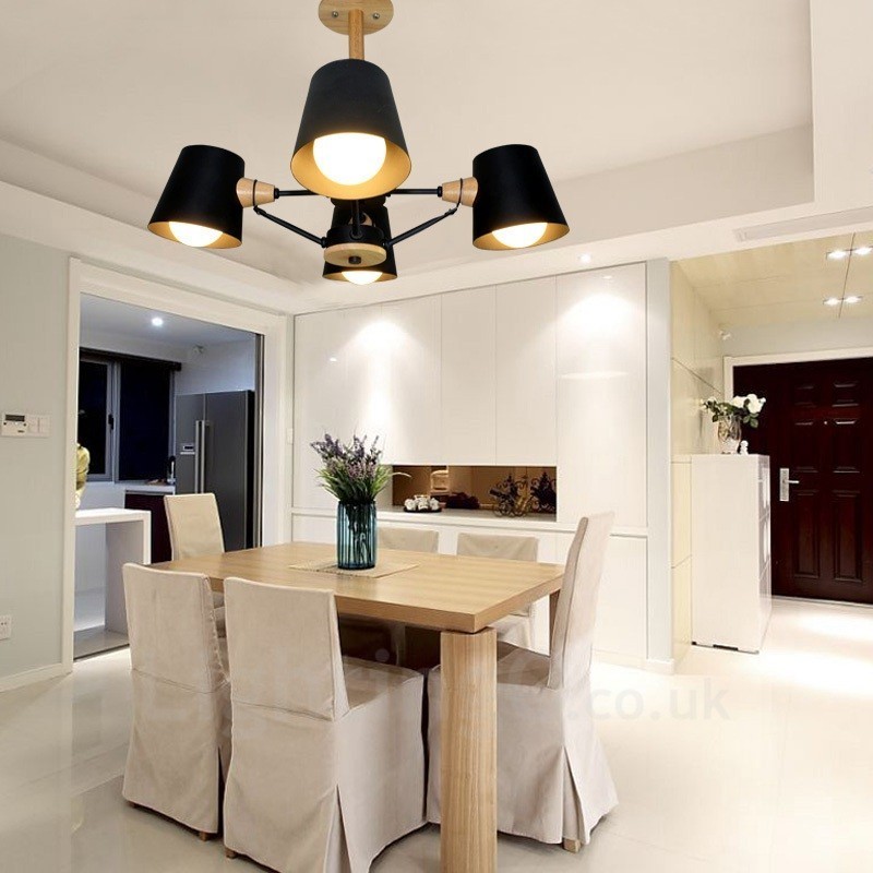 4 灯木製モダンコンテンポラリー北欧スタイルペンダントライト、鉄製シェード付き