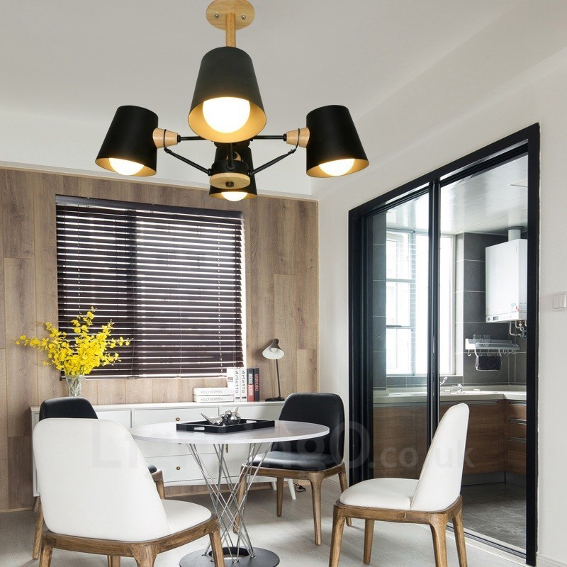 4 灯木製モダンコンテンポラリー北欧スタイルペンダントライト、鉄製シェード付き