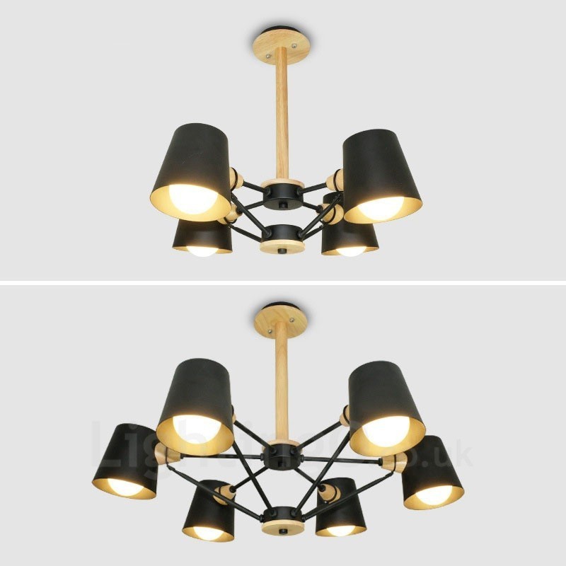 4 灯木製モダンコンテンポラリー北欧スタイルペンダントライト、鉄製シェード付き