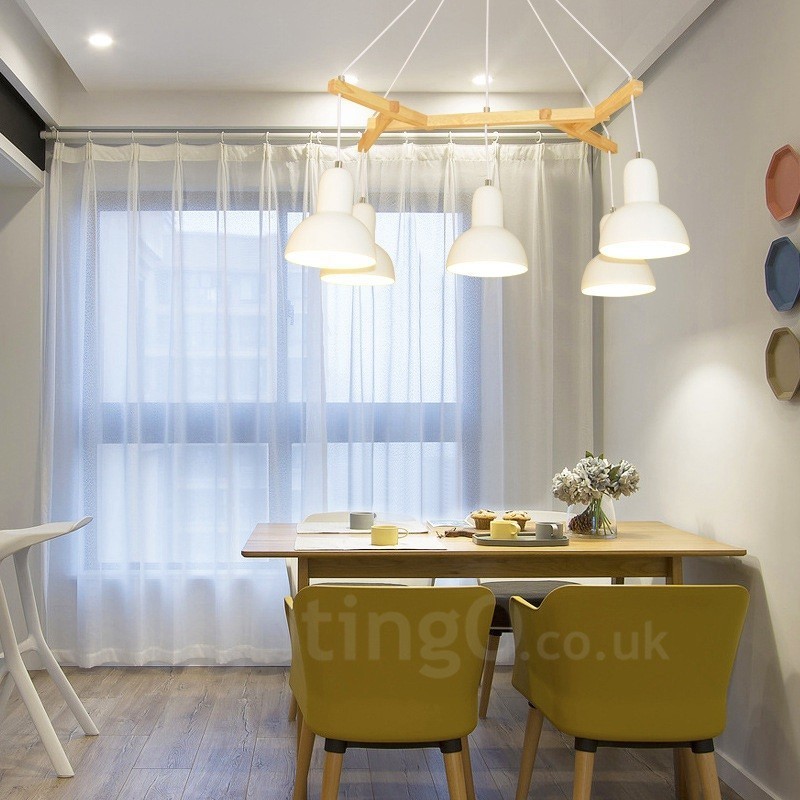 5 灯木製モダンコンテンポラリーペンダントライト、鉄製シェード付き