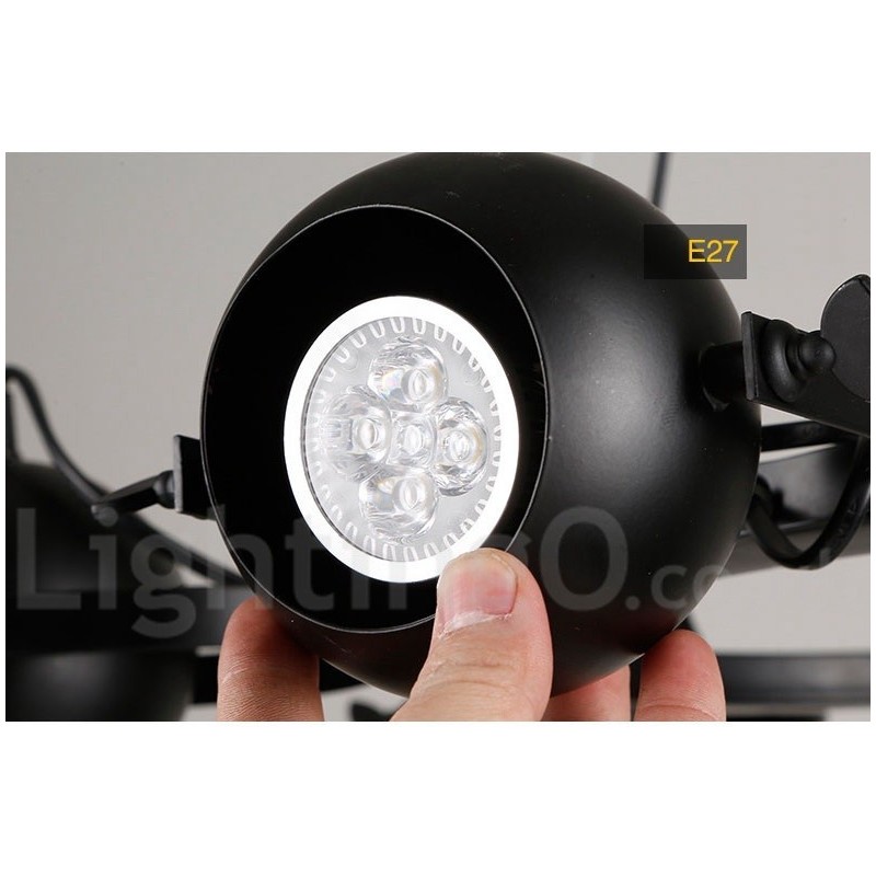 6 ライト レトロ ヴィンテージ ブラック アイアン ペンダント ライト、ブラック アイアン ボール シェード付き