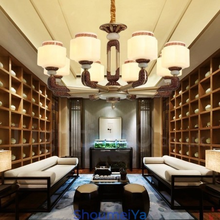 8 ライト レトロ トラディショナル 亜鉛合金 高級 ロビー シャンデリア ガラス シェード付き