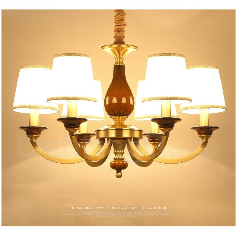 6 ライト レトロ 素朴 高級 真鍮 ペンダント ランプ シャンデリア ガラス シェード付き