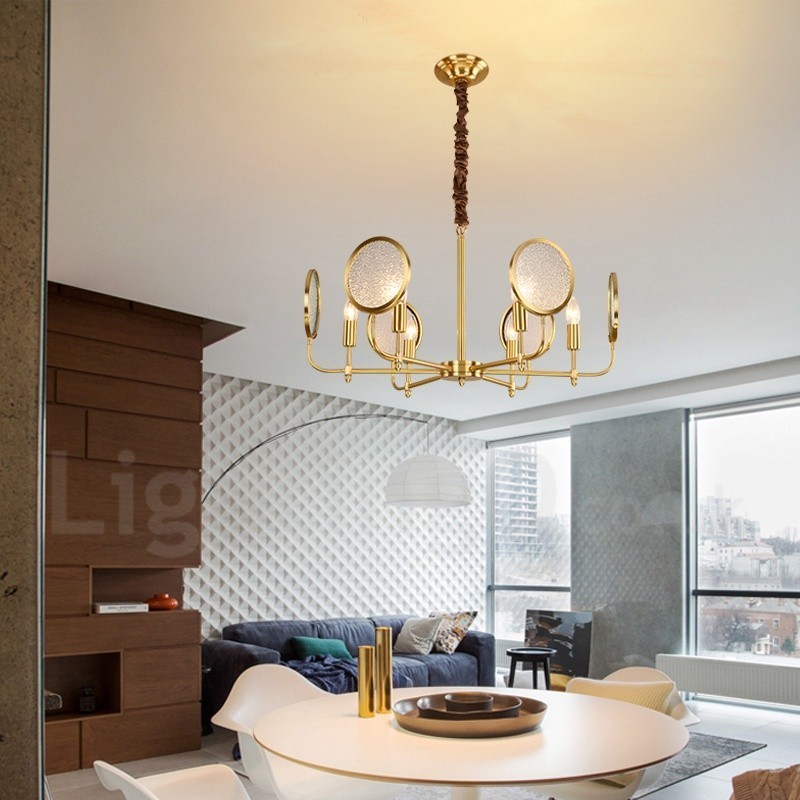 6 ライト レトロ 素朴 高級 真鍮 ペンダント ランプ シャンデリア ガラス シェード付き